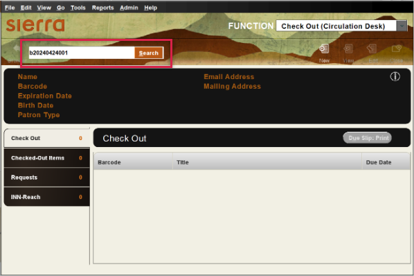 Sierra Web Check Out (Circulation Desk) screen