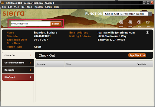 Sierra Web Check Out (Circulation Desk) screen