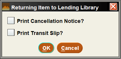 Sierra Web return item to lending library message dialog